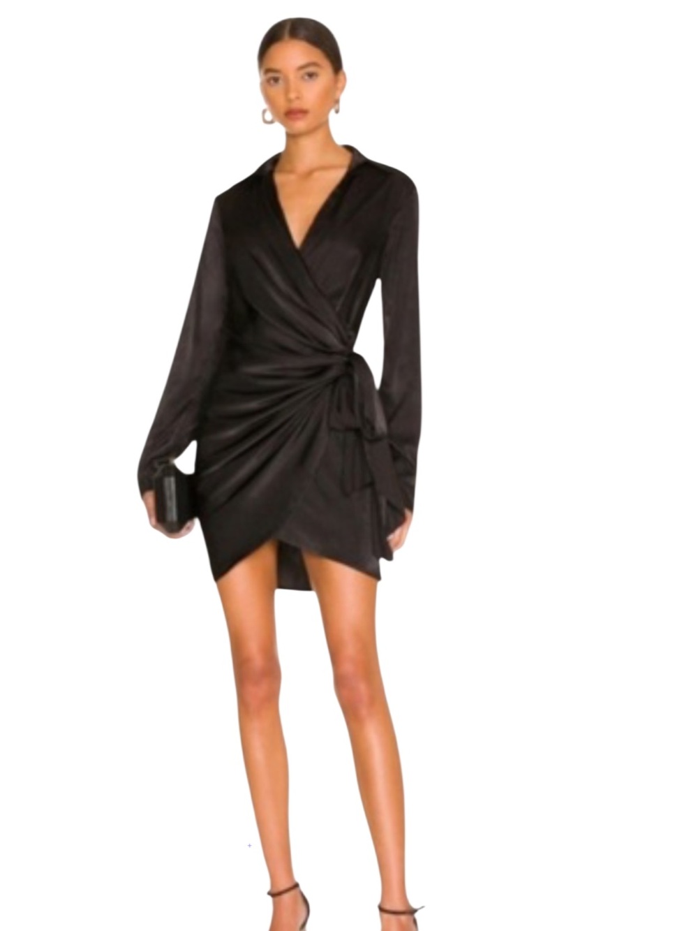 House of Harlow 1960 Satin Wrap Long Sleeve Mini Dress in black. Size Large